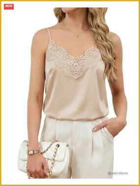 Silk Satin Camisole V-Neck Lace Trim Spaghetti Strap Tank Top